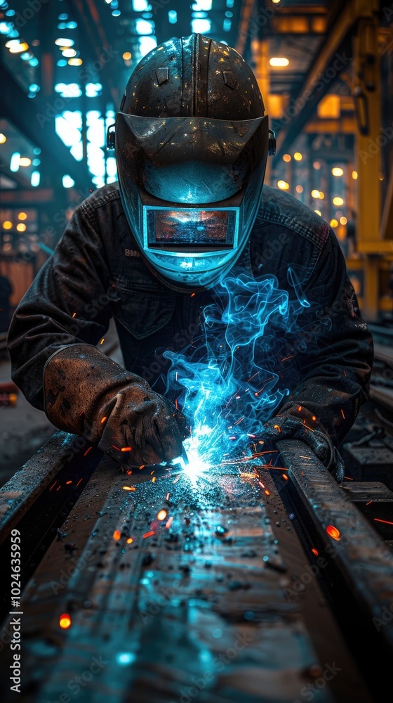 Welding sparks and an industrial background with a worker in protective gear working on a metal plate at a factory. Real photo. Welding sparks and an industrial background with a worker in protective gear working on a metal plate at a factory. Real photo.