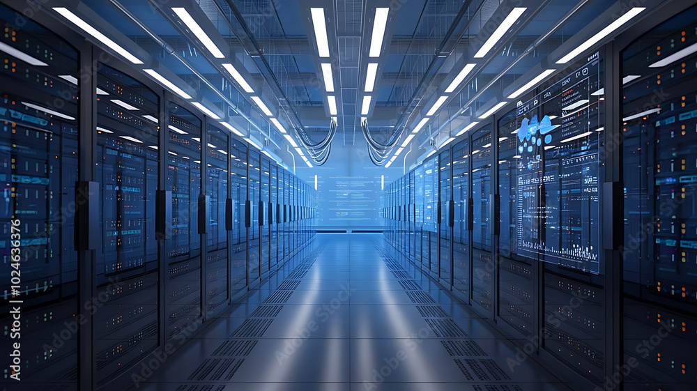 high-tech data warehouse, featuring rows of modern servers with blinking lights in a vast, secure facility, data center, big data high-tech data warehouse, featuring rows of modern servers with blinking lights in a vast, secure facility, data center, big data