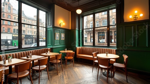 Cozy restaurant interior with wooden tables, soft lighting, and green paneling, perfect for dining or socializing.