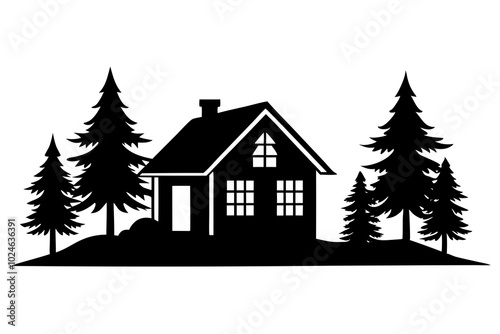 Rural House Peaceful Forest Landscape | vector silhouette illustration on white background