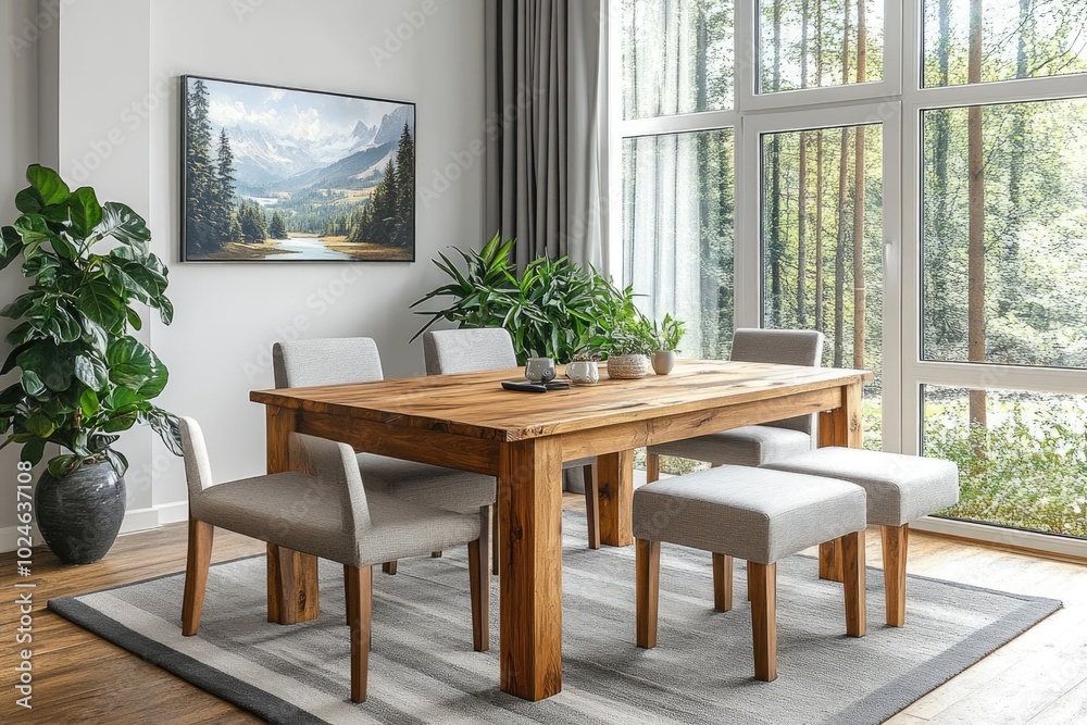 Modern Dining Room with Wooden Table and Gray Chairs