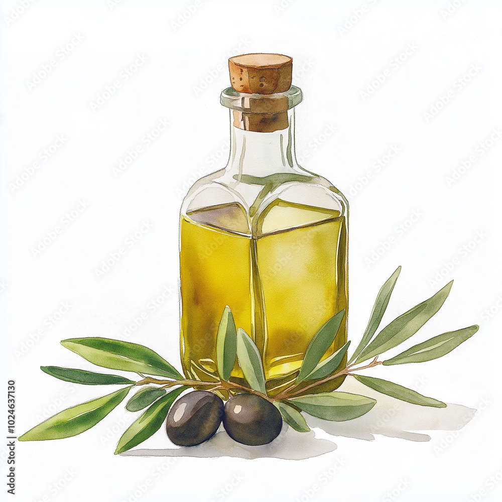 Watercolor image of olive oil in a bottle and a branch of an olive tree on a white background.