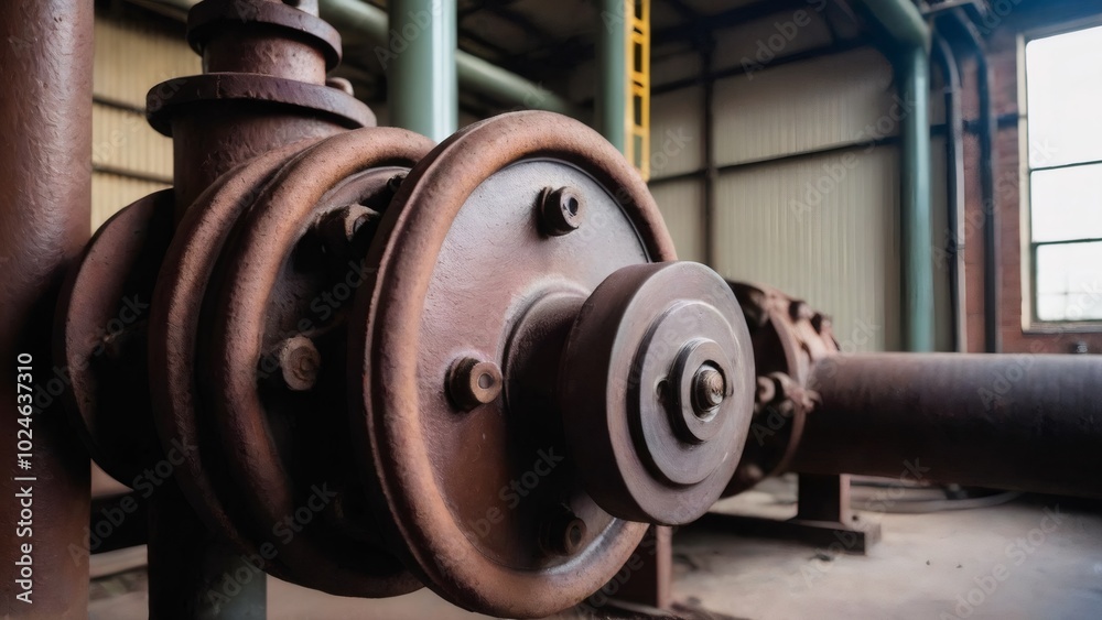 Obraz premium Aged Industrial Valve in Abandoned Warehouse: A detailed view of a massive, corroded valve in an old industrial warehouse, highlighting the robustness of engineering and the wear from decades of use