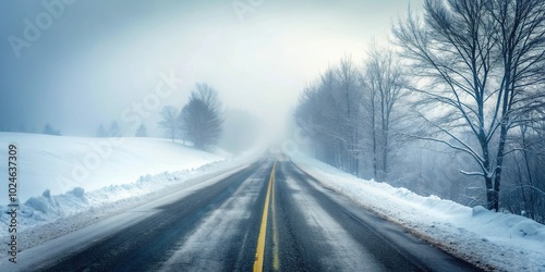 Snowy road with foggy conditions and low visibility in winter, tilted angle