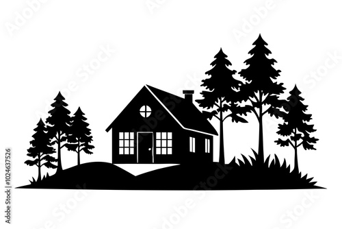 Rural House Peaceful Forest Landscape | vector silhouette illustration on white background