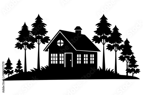 Rural House Peaceful Forest Landscape | vector silhouette illustration on white background