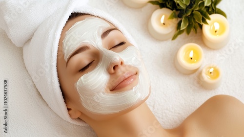 A woman enjoys a relaxing facial treatment with a soothing mask during a spa day surrounded by candles and calming ambiance photo