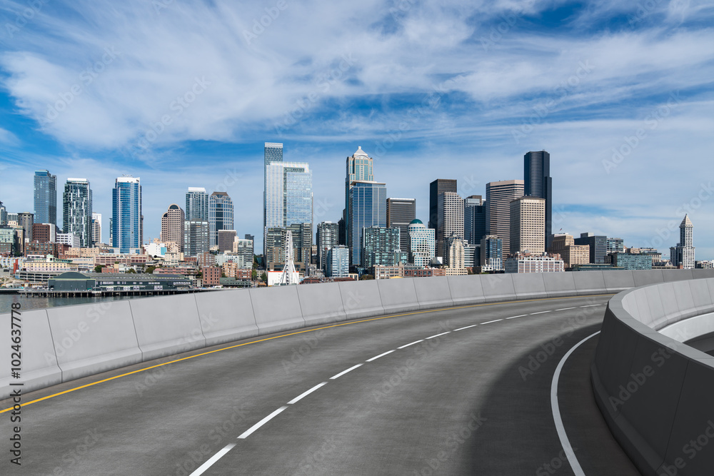 Urban highway leading to a modern city skyline in the USA. Urban highway leading to a modern city skyline in the USA.