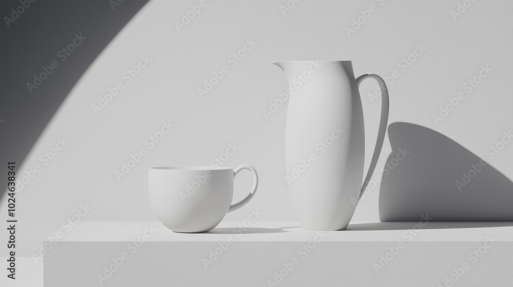 Minimalistic white ceramic cup and pitcher on a clean surface, showcasing design elegance and simplicity. Minimalistic white ceramic cup and pitcher on a clean surface, showcasing design elegance and simplicity.