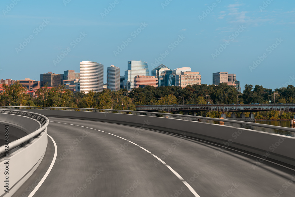 Urban skyline view from a curved highway. Urban skyline view from a curved highway.