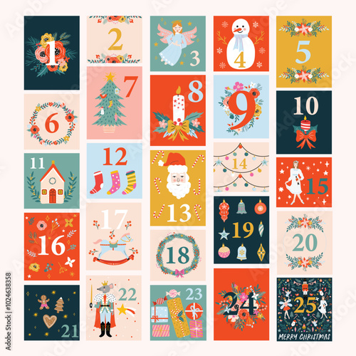 Nutcracker Ballet whimsical Christmas Advent Calendar. Colorful Red green yellow hand drawn holiday elements,  Xmas Poster, cards, tags,  cartoon flat style vector. 