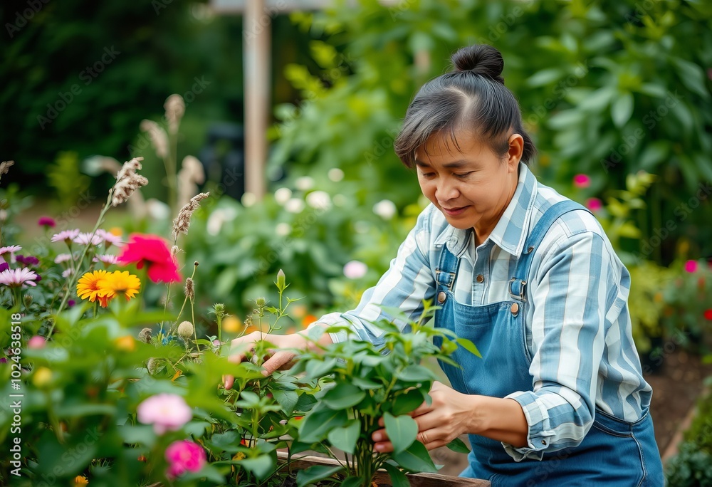 A gardener tending to their plants and feeling a sense of calm A gardener tending to their plants and feeling a sense of calm