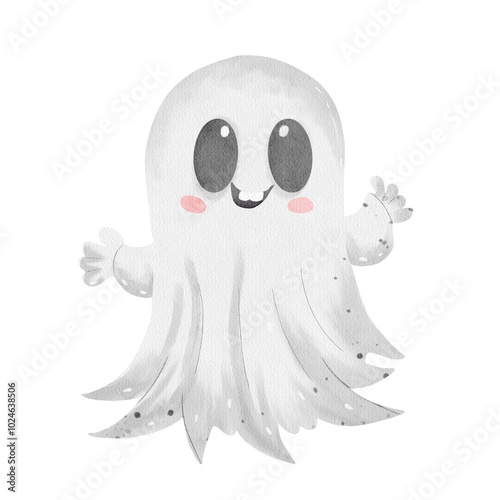 Watercolor friendly ghost decoration with big eyes and a smile, waving his hand welcomingly on a plain white background. For design, cards, invitations, print photo