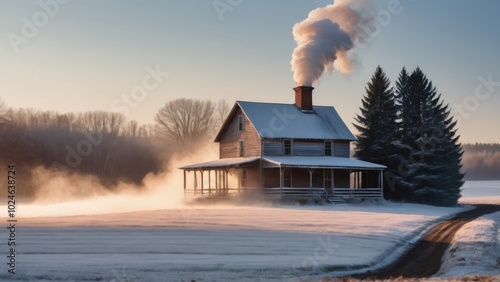 Winter Morning at a Country House with Frosty Surroundings: A country house stands amid a snowy field, with sunlight casting a warm glow on the frosted vegetation, and smoke curling out of the chimney