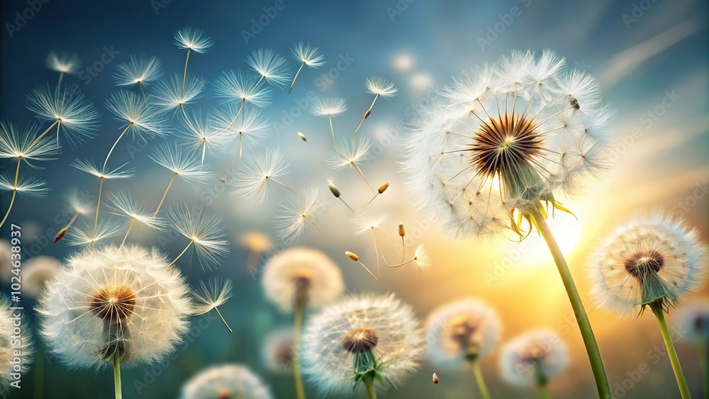 Soft and delicate dandelion seeds floating in the air Wide-Angle Soft and delicate dandelion seeds floating in the air Wide-Angle