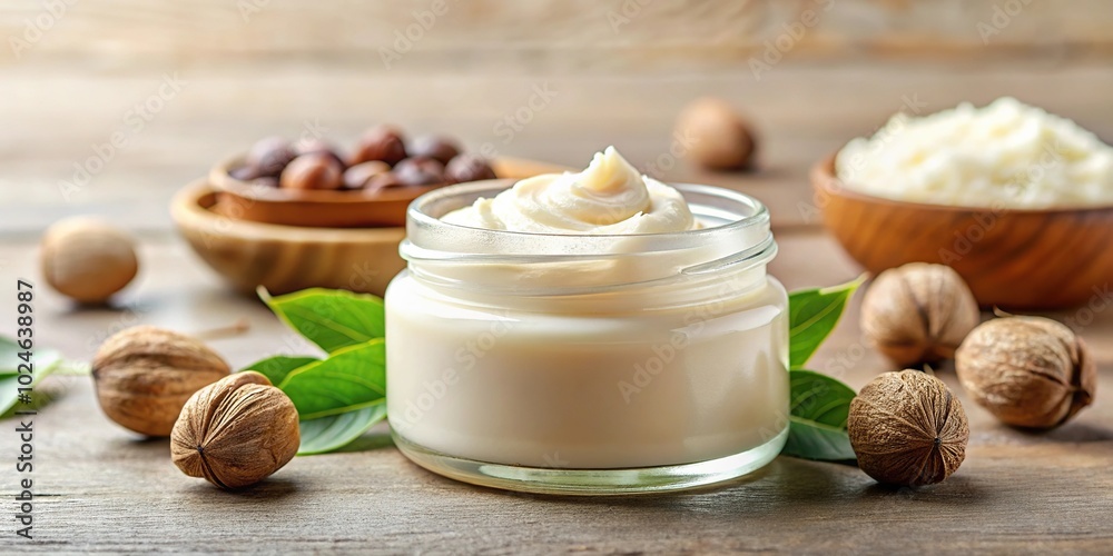 Soft and creamy nourishing shea butter cream with eye level perspective Soft and creamy nourishing shea butter cream with eye level perspective