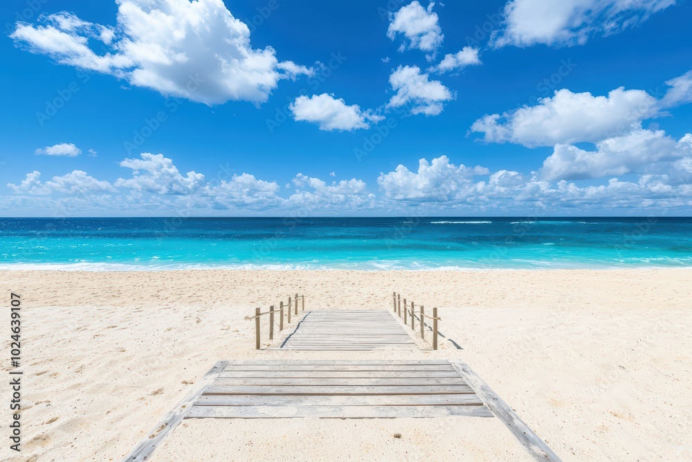 Fototapeta premium Scenic view of a wooden dock leading to turquoise waters under a bright blue sky with clouds.