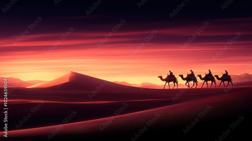 Silhouettes of camels and riders against a vibrant sunset in a desert landscape. Silhouettes of camels and riders against a vibrant sunset in a desert landscape.