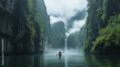 A solo traveler paddles through a narrow fjord, surrounded by towering cliffs covered in lush greenery.  v2
