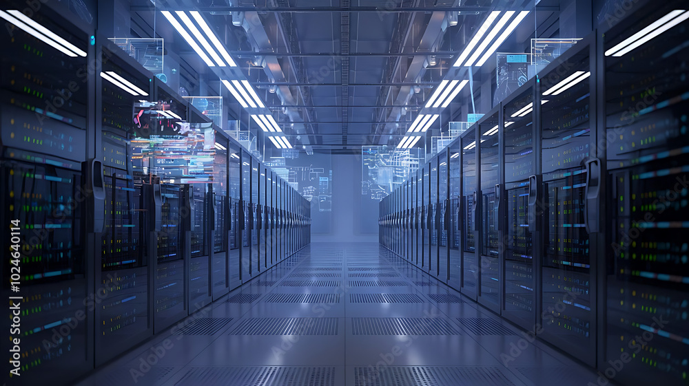 high-tech data warehouse, featuring rows of modern servers with blinking lights in a vast, secure facility, data center, big data high-tech data warehouse, featuring rows of modern servers with blinking lights in a vast, secure facility, data center, big data