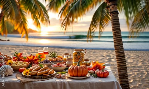 Thanksgiving holiday table decorated on a tropical beach, with palm trees and ocean in the background. Generated by AI