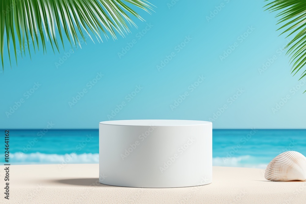 White circular podium on a sandy beach with palm leaves and ocean view in the background. White circular podium on a sandy beach with palm leaves and ocean view in the background.