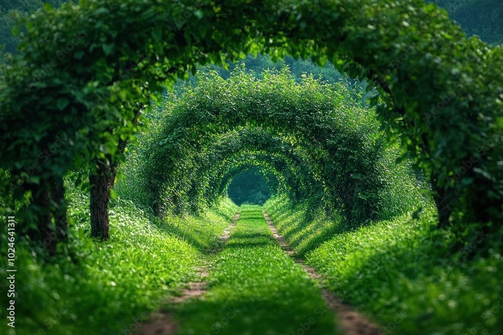 A pathway through a tunnel of trees in a lush green forest, with sunlight dappling through the leaves. A pathway through a tunnel of trees in a lush green forest, with sunlight dappling through the leaves.