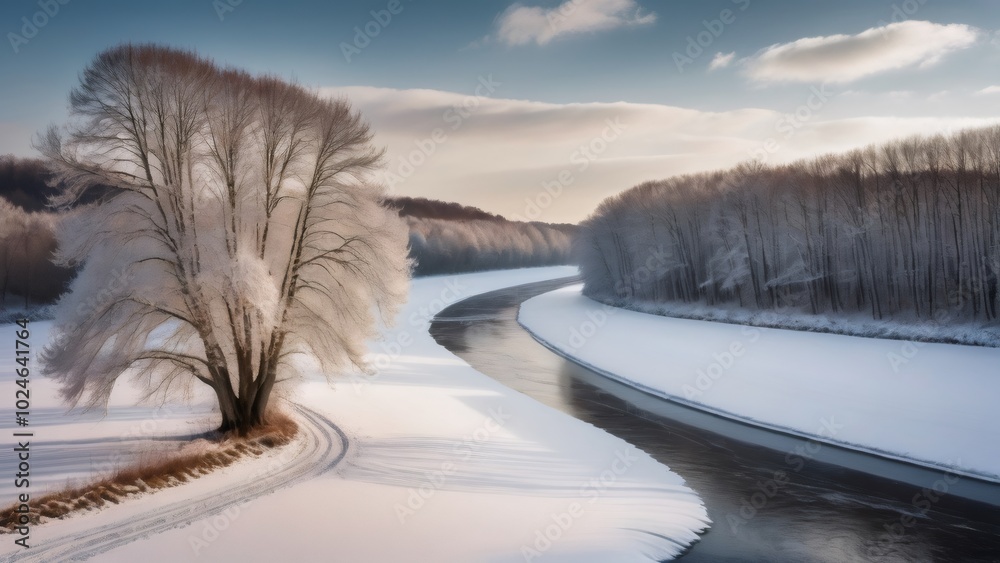 Winter Sunset over a Snowy River Bend: The gentle curve of a river, surrounded by snow and frost, reflects the golden light of a winter sunset, with frost-covered trees casting soft shadows over the s Winter Sunset over a Snowy River Bend: The gentle curve of a river, surrounded by snow and frost, reflects the golden light of a winter sunset, with frost-covered trees casting soft shadows over the s