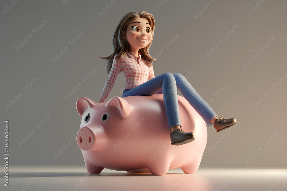 3d cartoon woman sitting on piggy bank, illustration