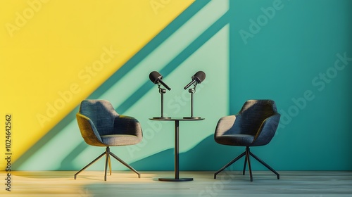 A sleek podcast studio featuring two teal chairs, modern microphones on stands, and a round table. The bright yellow wall, combined with soft lighting, creates a welcoming, creative space