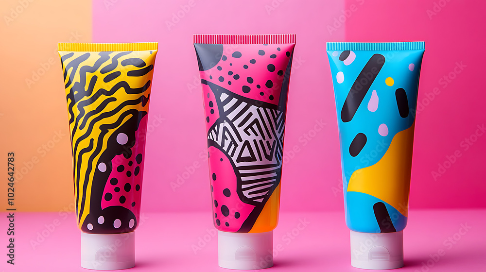 Three colorful tubes of lotion with fun, geometric designs on a pink background. Three colorful tubes of lotion with fun, geometric designs on a pink background.