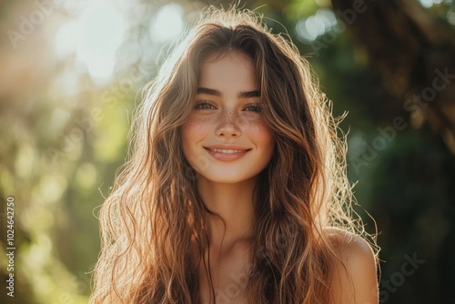 Beautiful smiling girl with long hair in nature