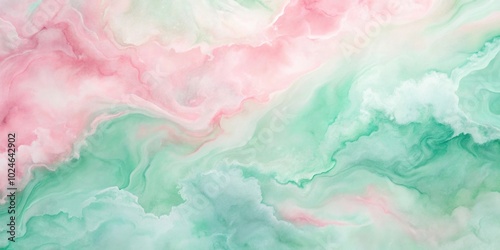 Soft pink and green watercolor background with marble texture resembling waves from a worm's eye view