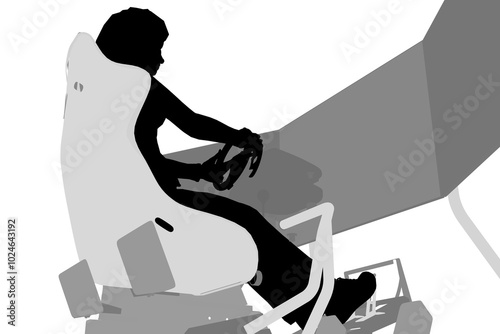Silhouette of a girl sitting at a realistic gaming simulator with a steering wheel, pedals and three monitors isolated on a white background. Front view. Vector illustration.