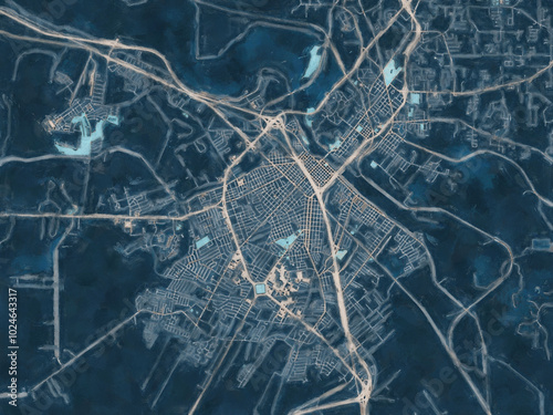 Painterly Style City Map of Alexandria Louisiana, USA in a Blue Color Scheme.
