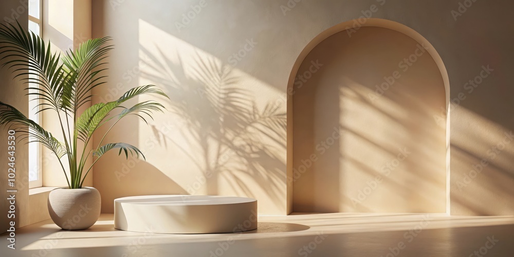 A Minimalist Interior Scene with a Plant Casting Shadows on a Smooth Beige Wall and a Circular Pedestal A Minimalist Interior Scene with a Plant Casting Shadows on a Smooth Beige Wall and a Circular Pedestal