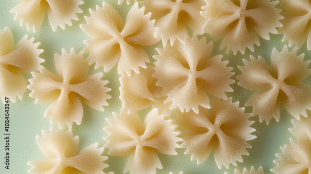 Obraz premium Close-up of farfalle pasta textures, isolated on a pastel light green background, highlighting detail.