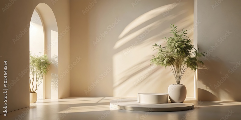 Minimalist interior with a white platform, arched window, and potted plants, casting soft shadows on the beige wall. Minimalist interior with a white platform, arched window, and potted plants, casting soft shadows on the beige wall.