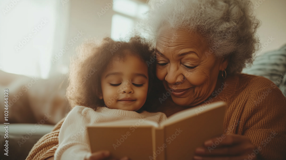 A woman and a child are sitting on a couch reading a book together A woman and a child are sitting on a couch reading a book together