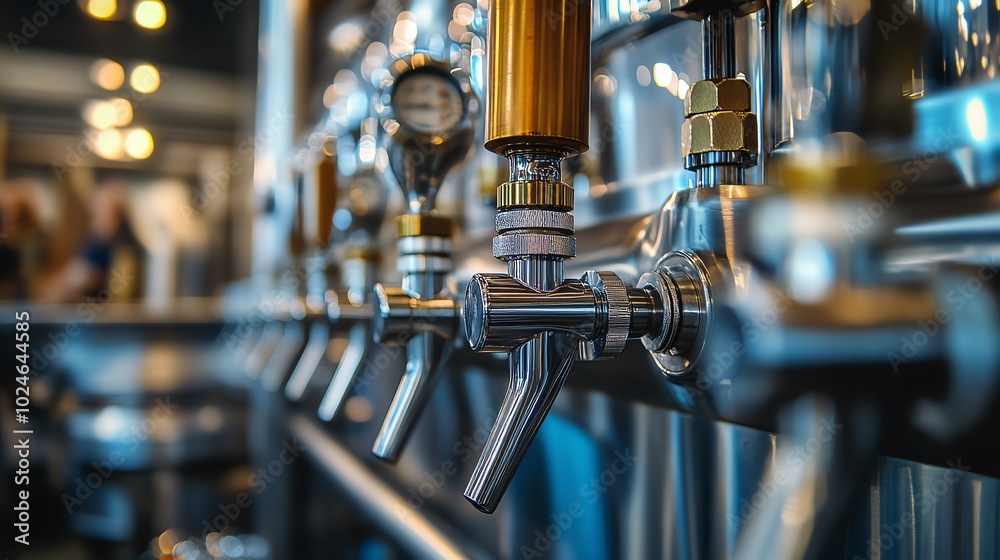 Fototapeta premium Close-up of beer taps in a modern brewery, showcasing stainless steel equipment and an inviting atmosphere for beer enthusiasts.