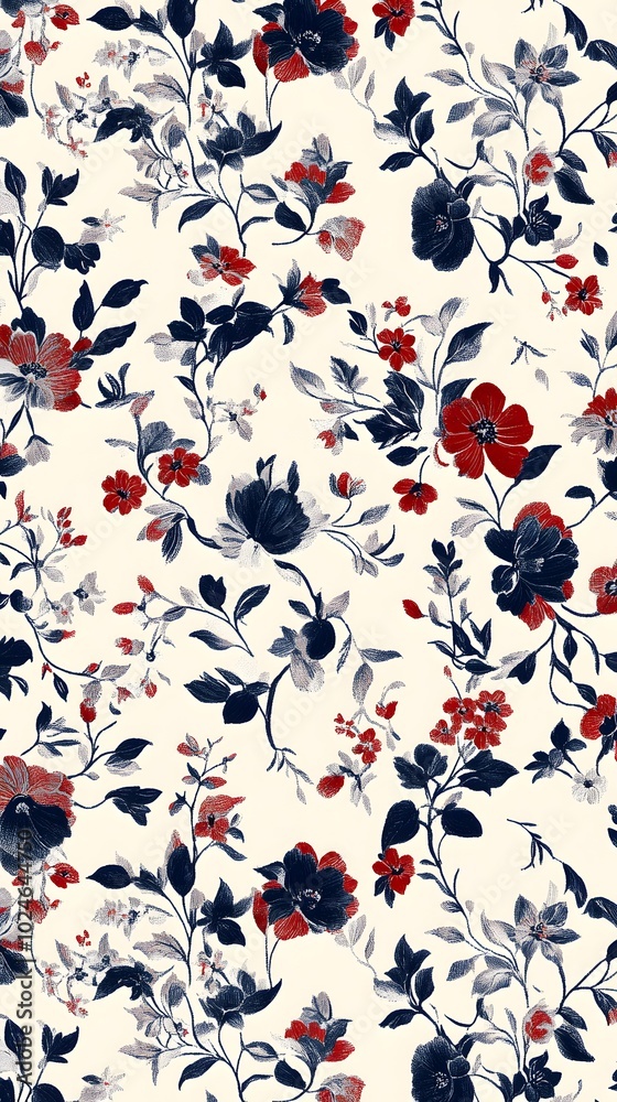 Obraz premium Vintage floral pattern on a classic cream background with red and navy blue accents