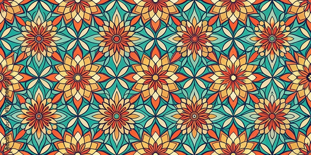 A captivating pattern of intricately designed flowers, blossoming in a vibrant palette of orange, yellow, and turquoise, creates a mesmerizing visual symphony. A captivating pattern of intricately designed flowers, blossoming in a vibrant palette of orange, yellow, and turquoise, creates a mesmerizing visual symphony.