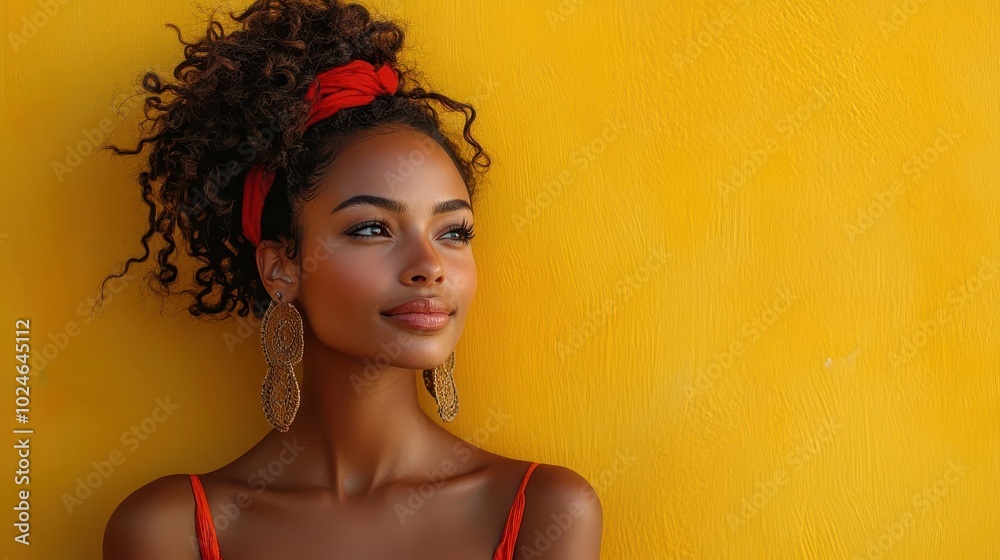 Naklejka premium woman confidently standing in front of a bold yellow wall showcasing a vibrant fashion style that embodies individuality and modern trends captured with striking contrast