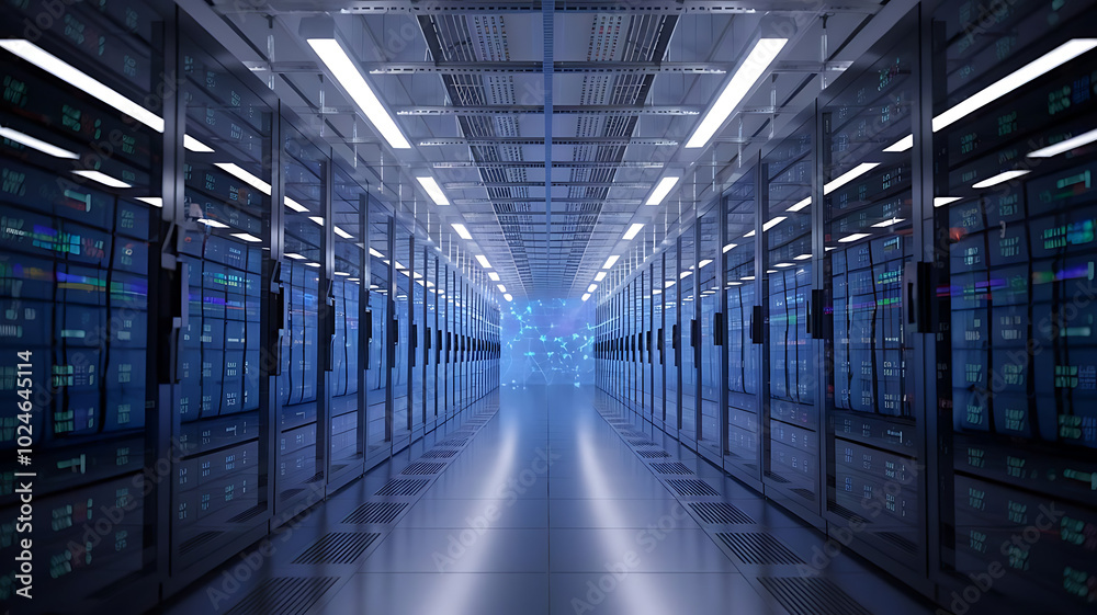 high-tech data warehouse, featuring rows of modern servers with blinking lights in a vast, secure facility, data center, big data high-tech data warehouse, featuring rows of modern servers with blinking lights in a vast, secure facility, data center, big data