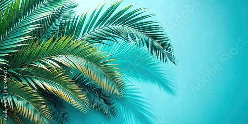 Tropical palm leaves cast shadows on a vibrant blue wall, creating a sense of serenity and summery ambiance.