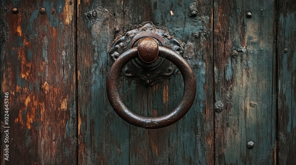 Detailed shot of an old door knocker on wood Detailed shot of an old door knocker on wood