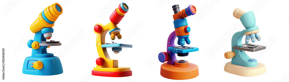 Science microscope 3d cartoon clay style collection isolated on transparent background, PNG. Clipart template Science microscope 3d cartoon clay style collection isolated on transparent background, PNG. Clipart template