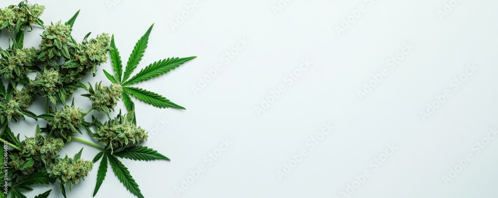A close-up of vibrant cannabis flowers showcases their rich textures and trichomes, with open space on the side for text about different strains or products. A close-up of vibrant cannabis flowers showcases their rich textures and trichomes, with open space on the side for text about different strains or products.