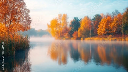 Autumn mist on still river