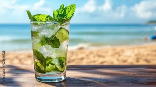 Mojito on table, sandy beach